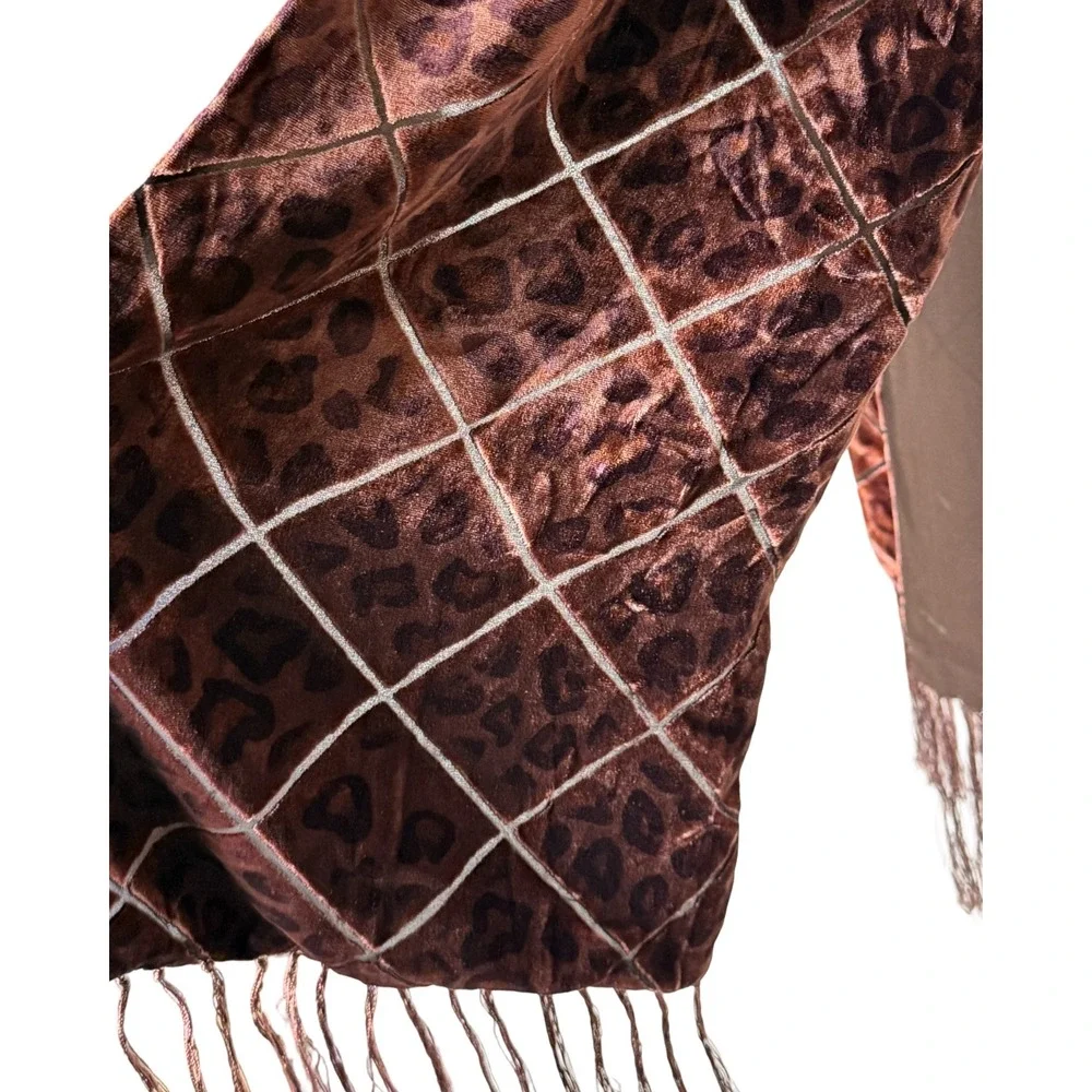 Velvet Burnout Leopard Scarf Brown Fringe Sheer‎ Overlay Wrap